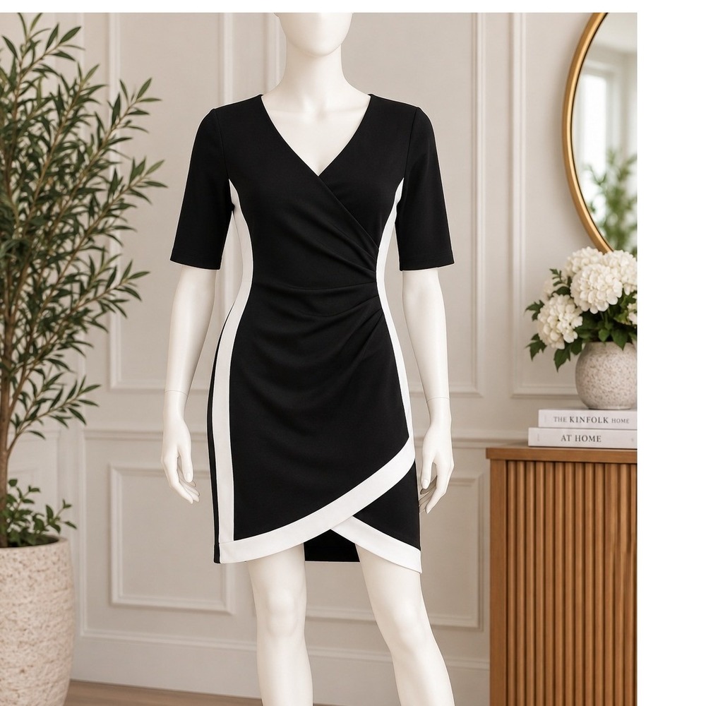 No Boundaries Women Dress Black White Colorblock Faux Wrap Medium 7-9